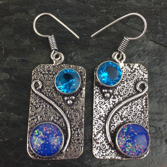 New Sim Milky Opalite & Blue Topaz Silver Hook Earrings - Picture 2 of 8